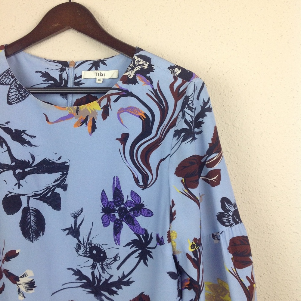 Tibi Gothic Floral Blue Silk Shift Dress